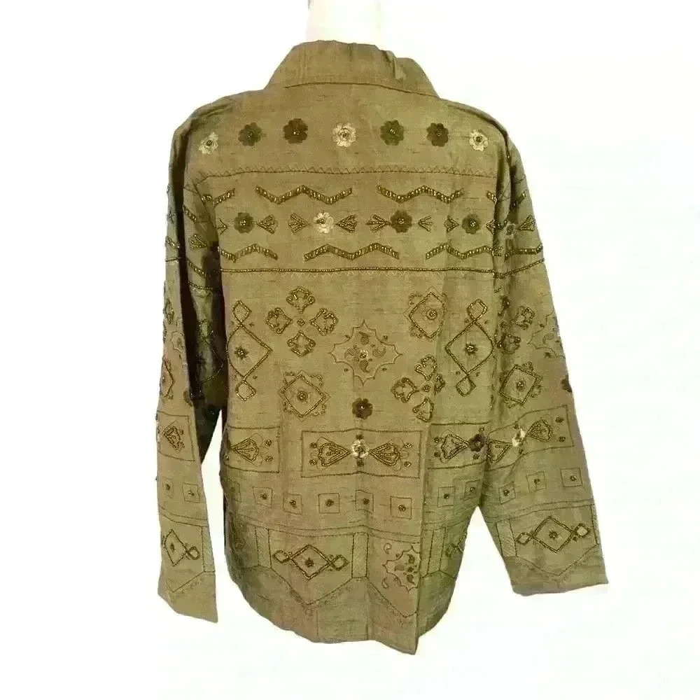 Vintage Laura Ashley Silk Beaded Jacket Size S Olive Green Boho Casual - Picture 4 of 8